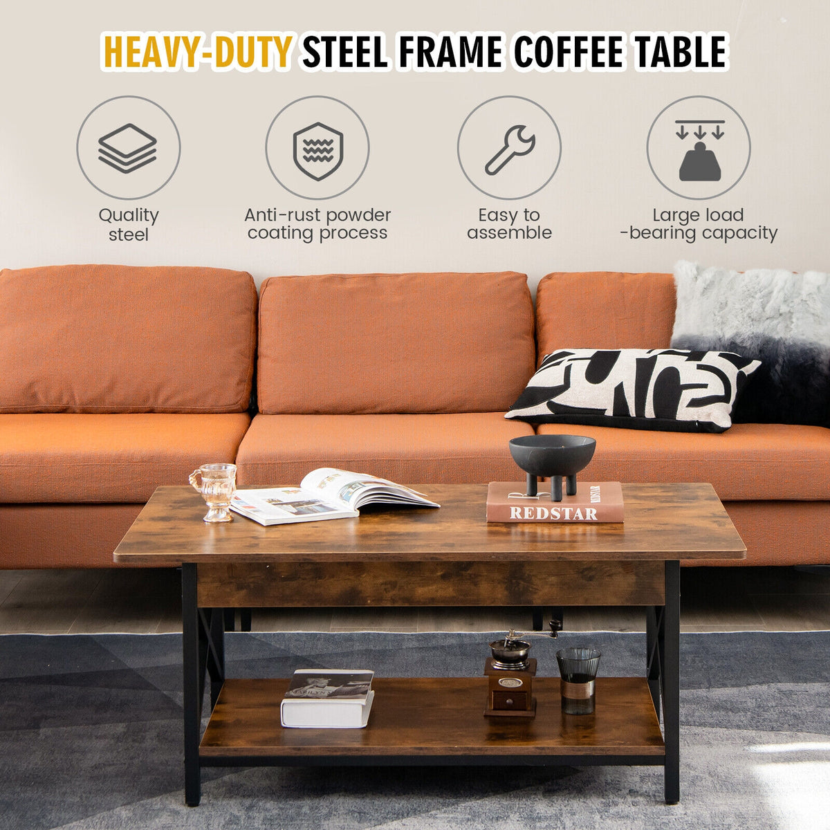 2-Tier Industrial Coffee Table With Storage Shelf, Rustic Brown Coffee Tables at Gallery Canada