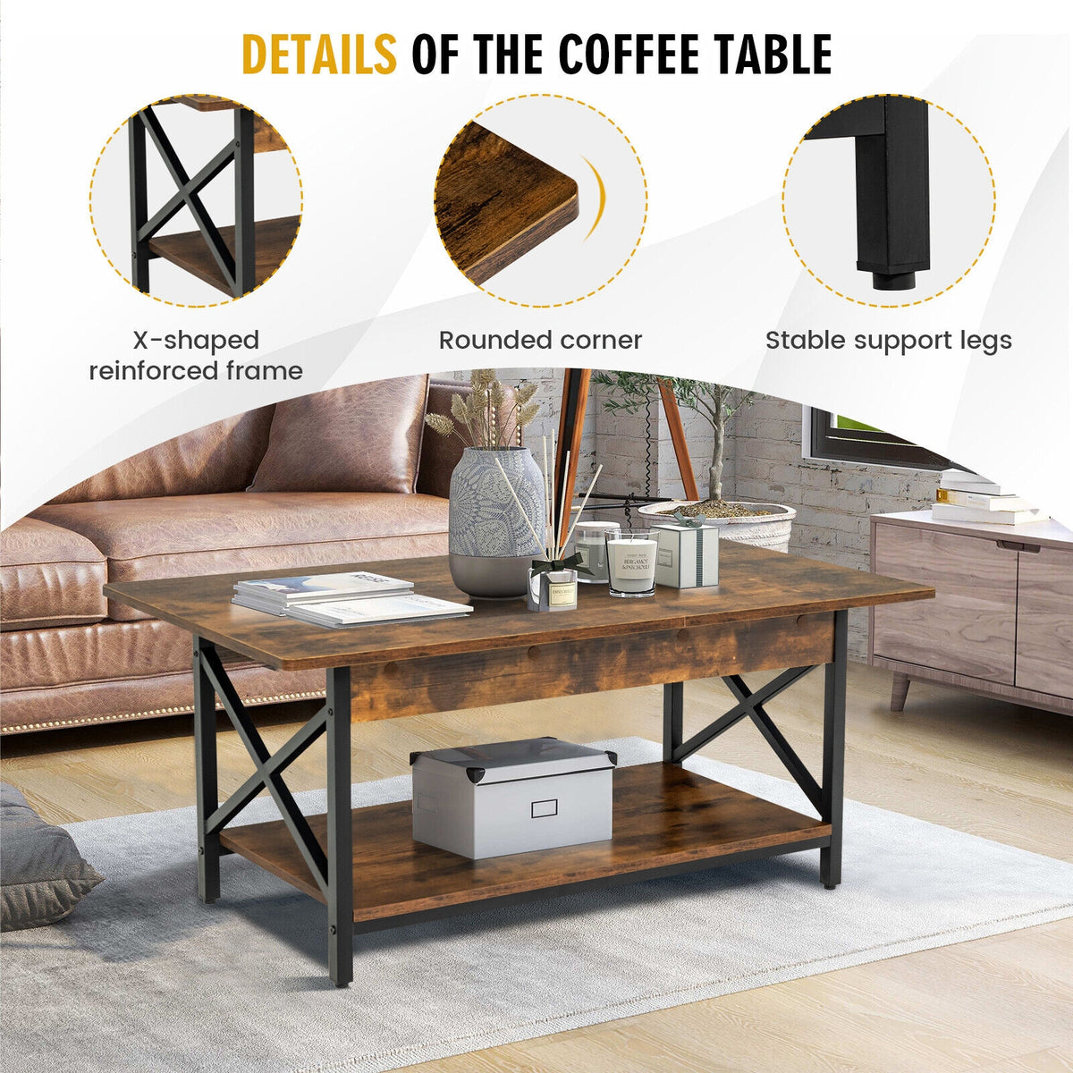 2-Tier Industrial Coffee Table With Storage Shelf, Rustic Brown Coffee Tables at Gallery Canada