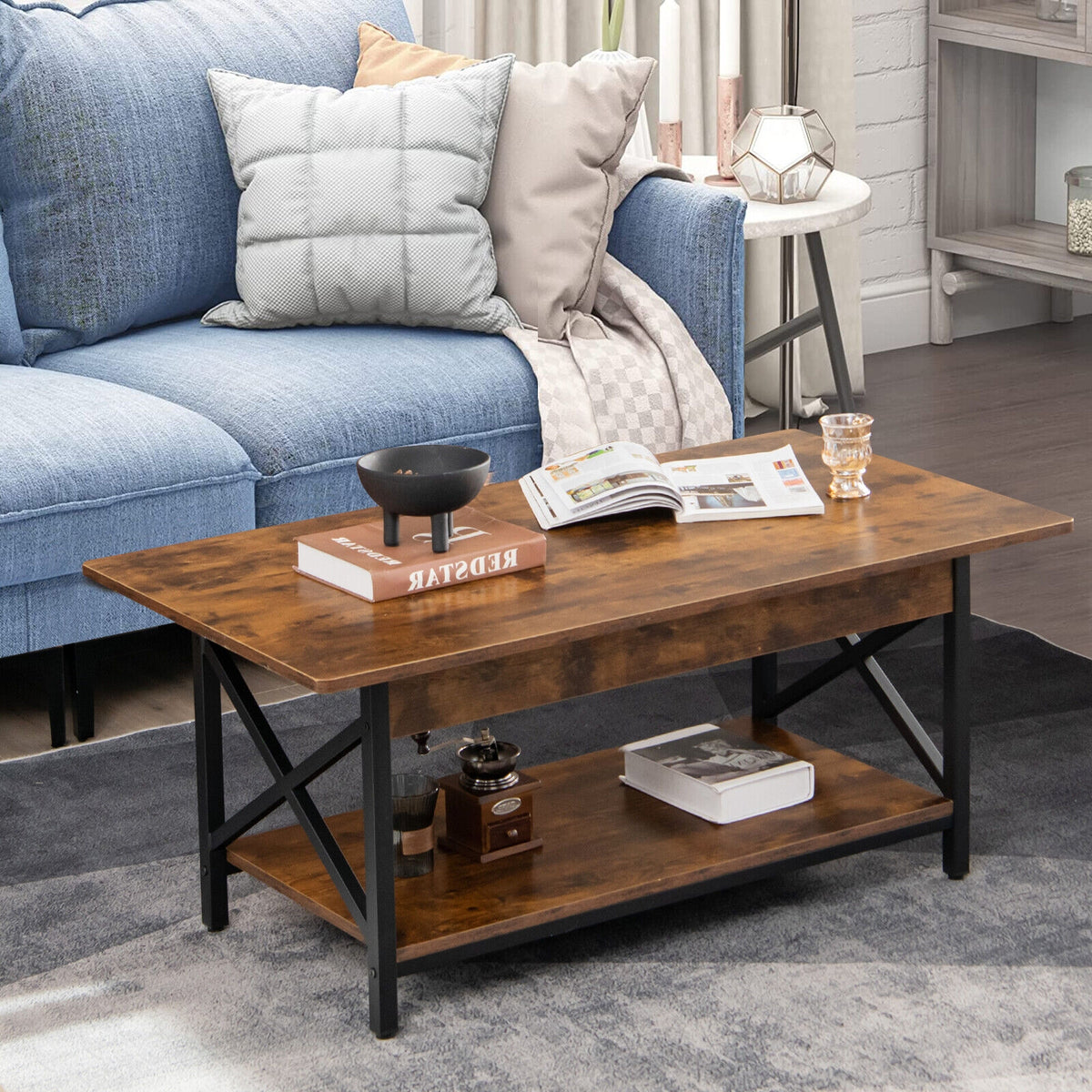2-Tier Industrial Coffee Table With Storage Shelf, Rustic Brown Coffee Tables at Gallery Canada