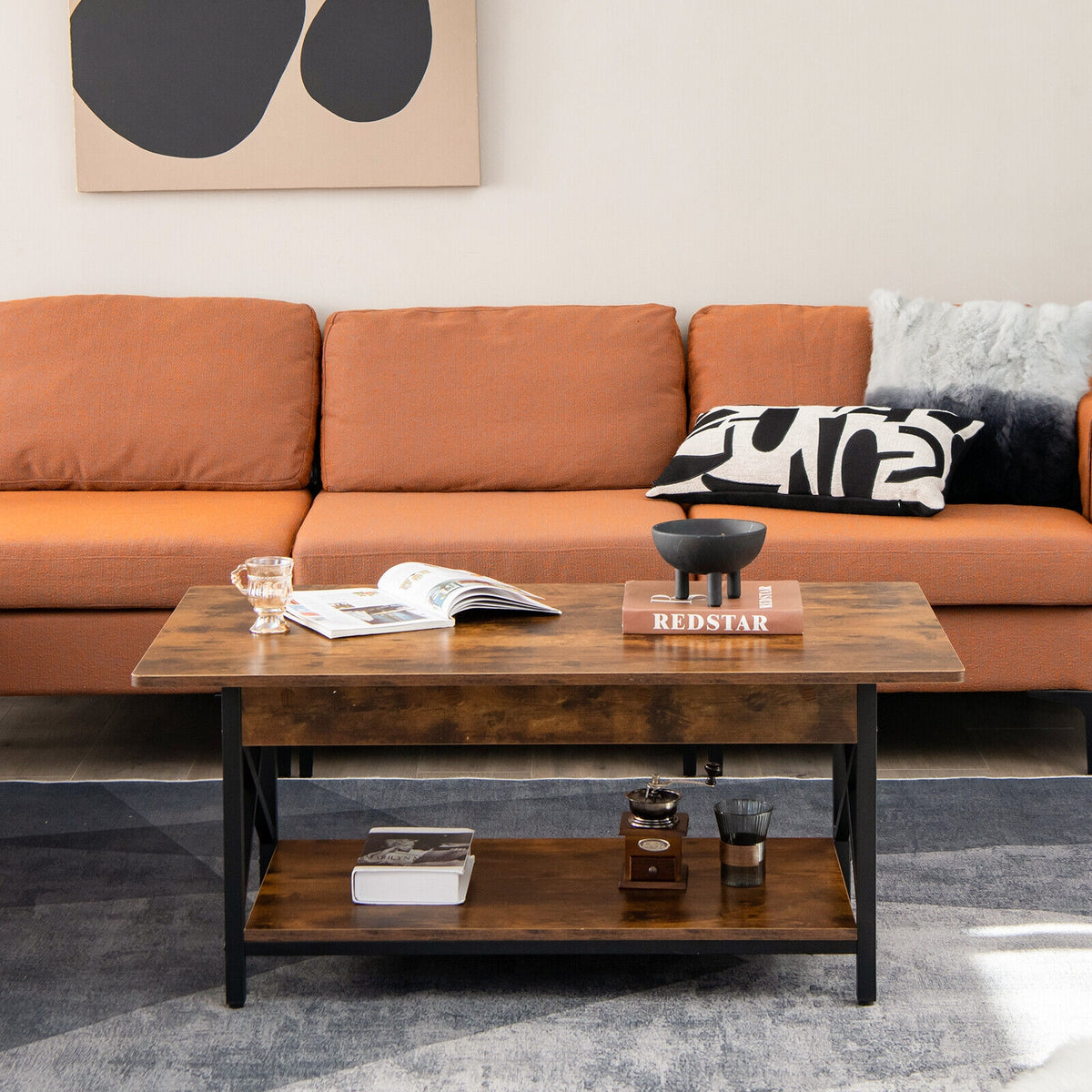 2-Tier Industrial Coffee Table With Storage Shelf, Rustic Brown Coffee Tables at Gallery Canada