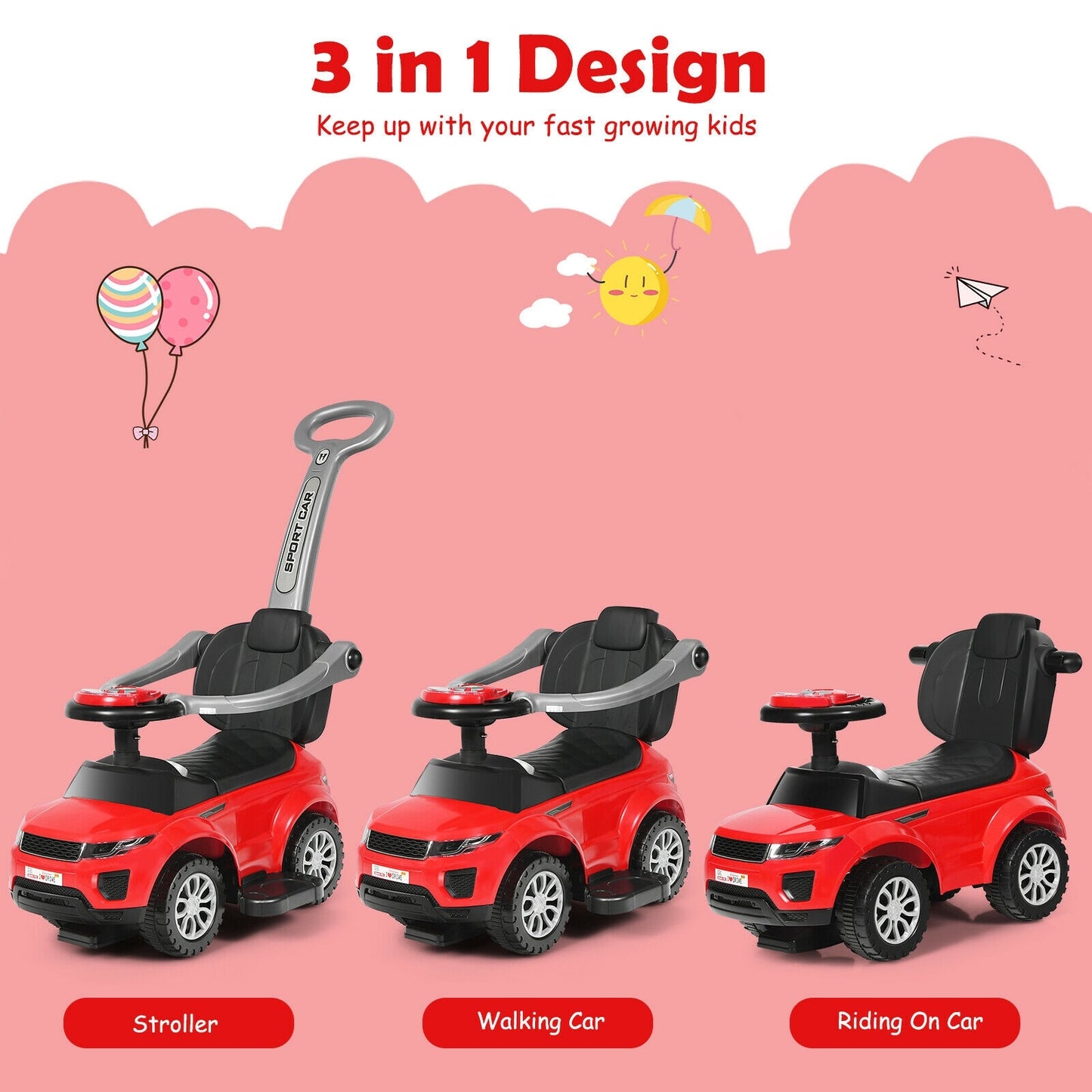 3 In 1 Ride On Push Car Toddler Stroller, Red Push & Pedal Ride On Toys at Gallery Canada