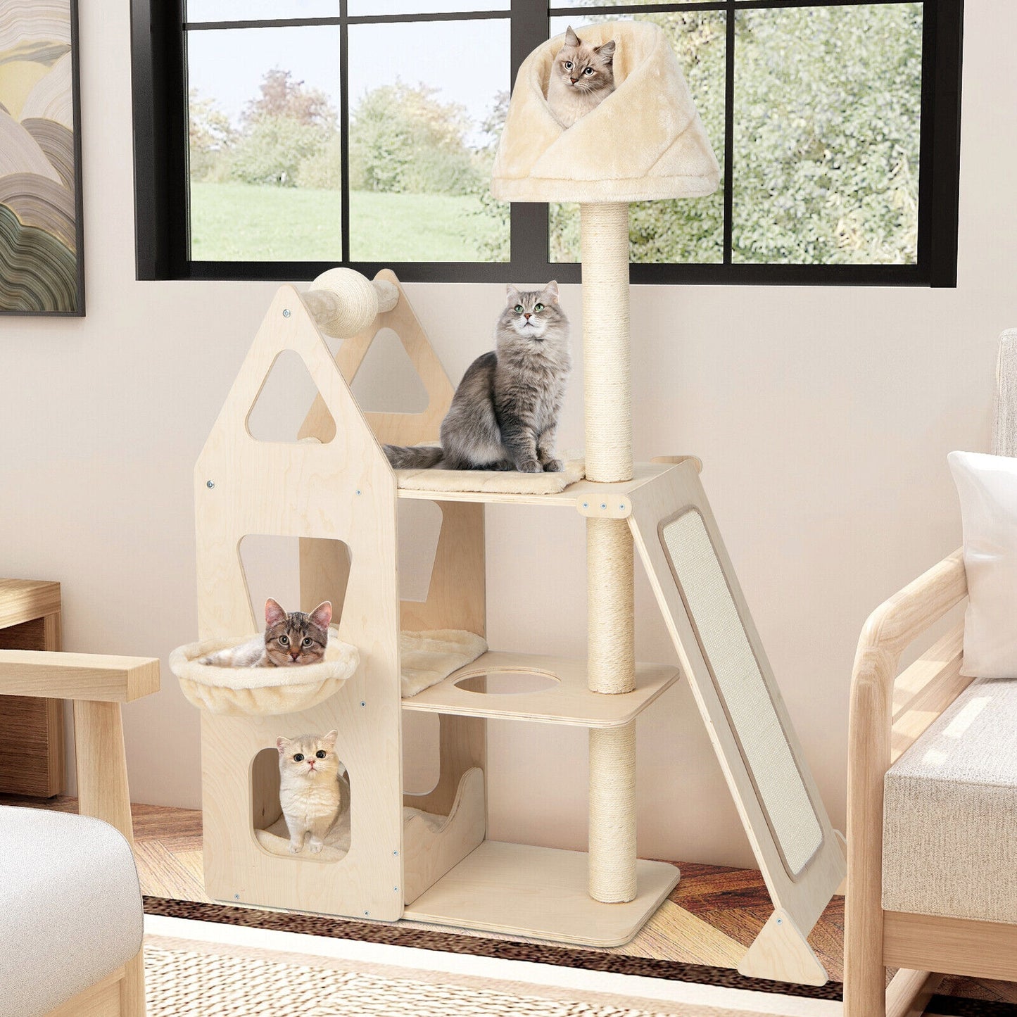 Multi-Level Cat Tree With Sisal Scratching Post, Beige Cat Trees Condos & Scratchers at Gallery Canada