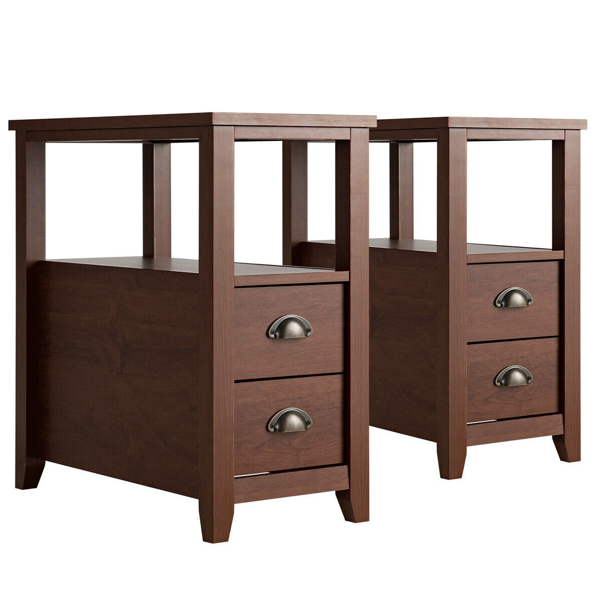 Set Of 2 Wooden End Tables, 2 Drawer & Shelf, Brown Nightstands at Gallery Canada