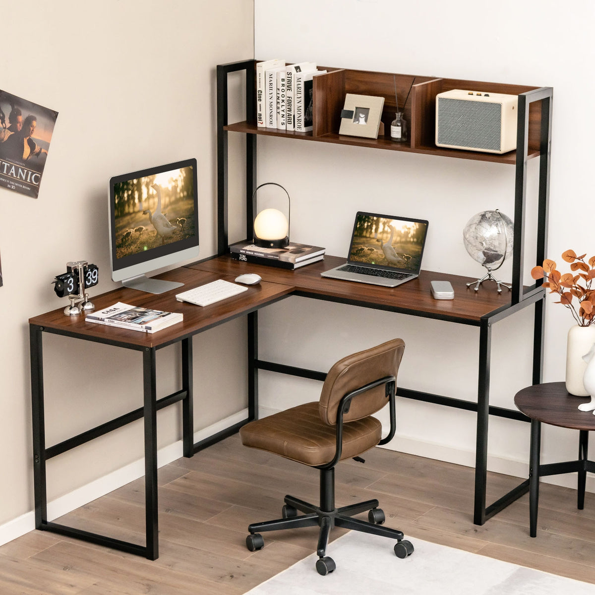 Reversible L-Shaped Corner Desk With Storage Bookshelf, Walnut L-Shaped Desks at Gallery Canada