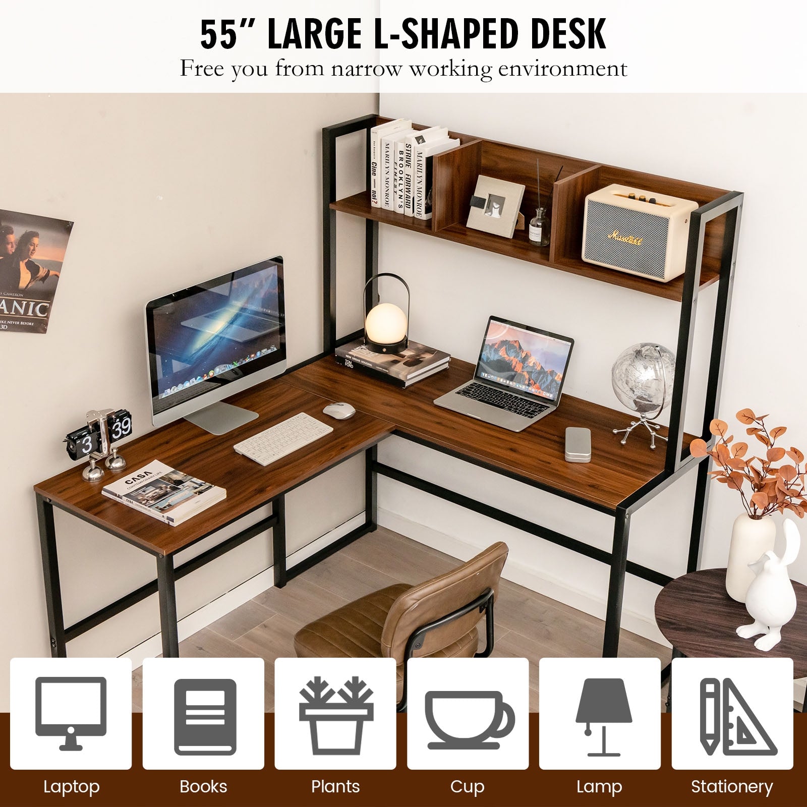 Reversible L-Shaped Corner Desk With Storage Bookshelf, Walnut L-Shaped Desks at Gallery Canada