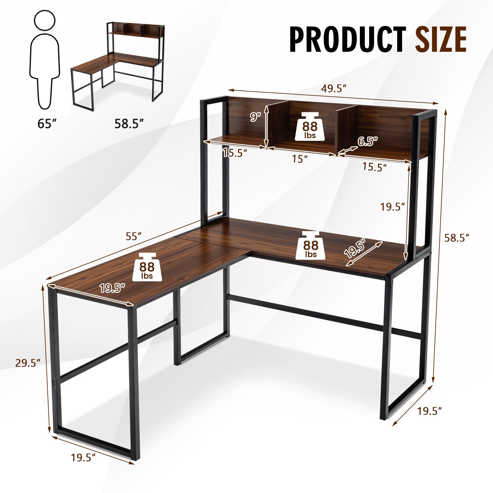 Reversible L-Shaped Corner Desk With Storage Bookshelf, Walnut L-Shaped Desks at Gallery Canada