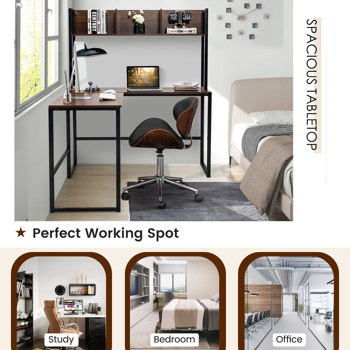 Reversible L-Shaped Corner Desk With Storage Bookshelf, Walnut L-Shaped Desks at Gallery Canada