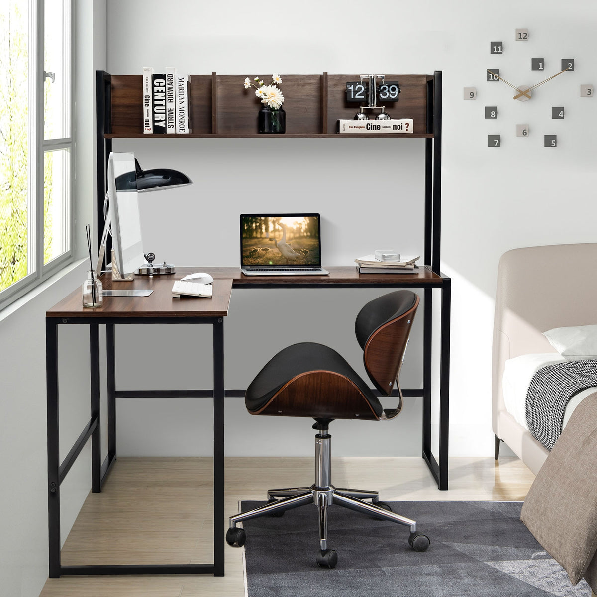 Reversible L-Shaped Corner Desk With Storage Bookshelf, Walnut L-Shaped Desks at Gallery Canada