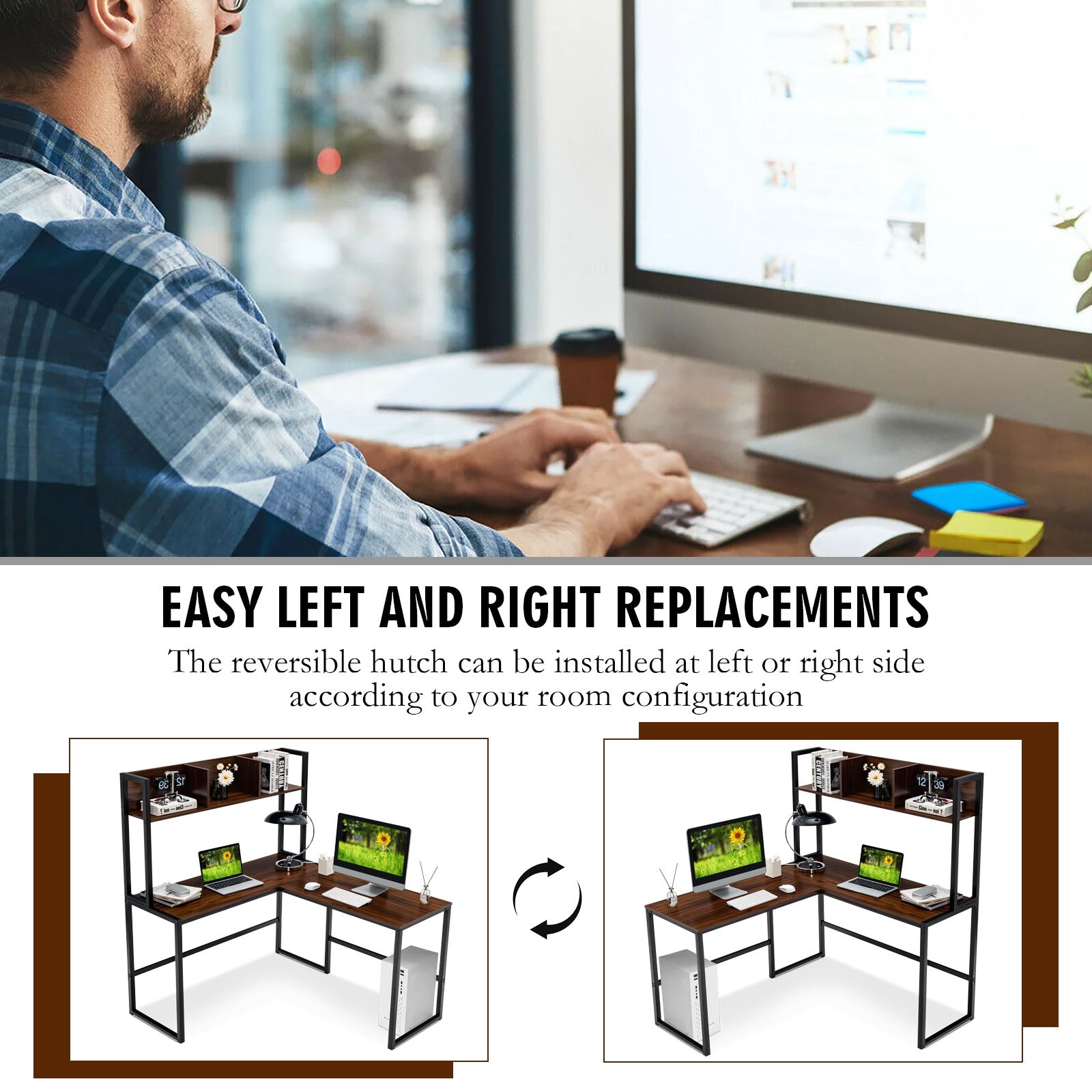 Reversible L-Shaped Corner Desk With Storage Bookshelf, Walnut L-Shaped Desks at Gallery Canada