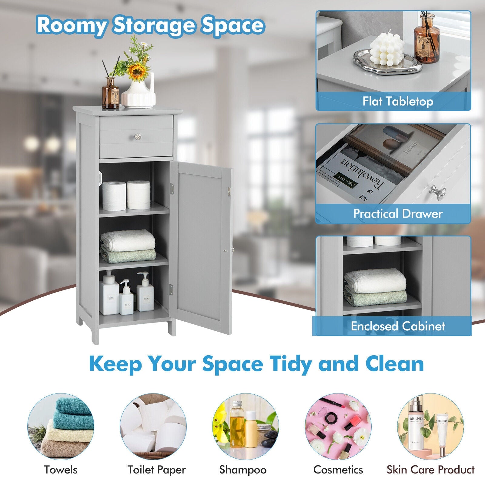 Wooden Bathroom Cabinet With Drawer And Shelf, Gray Floor Cabinets at Gallery Canada