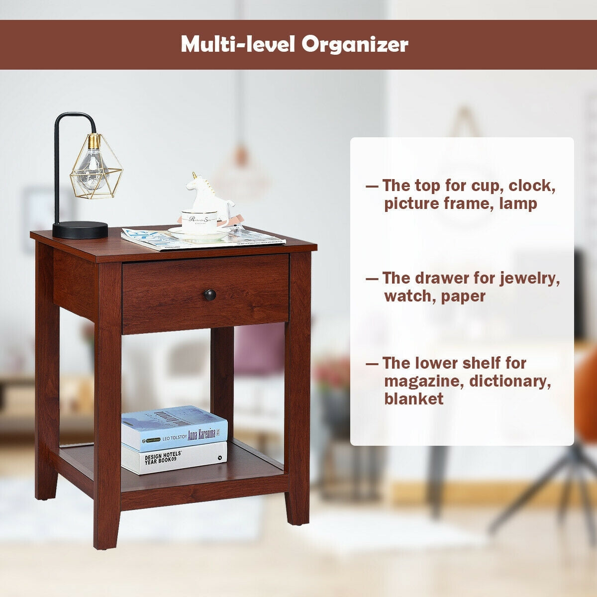 Night Stand With Drawer And Shelf, Brown Nightstands at Gallery Canada