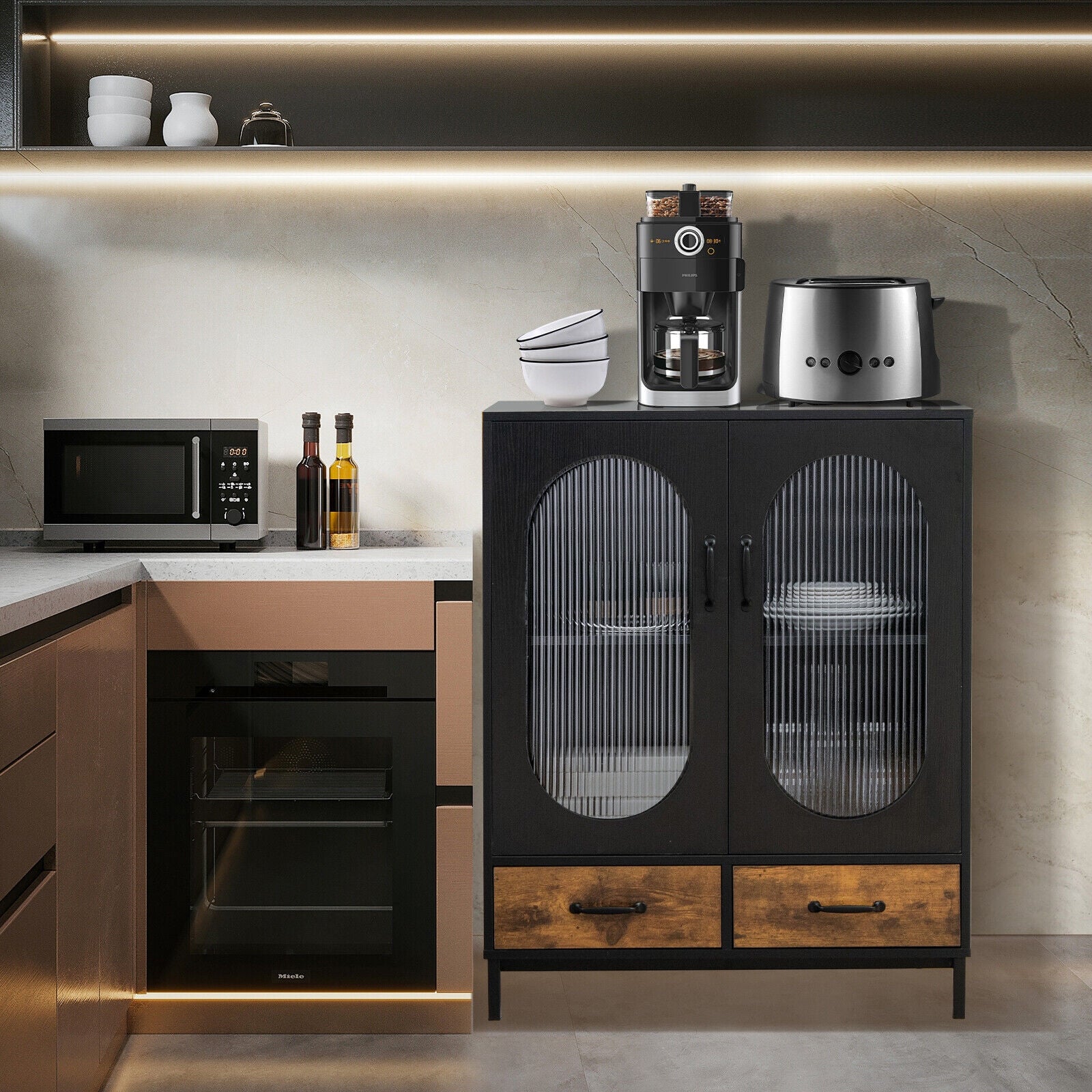 Kitchen Industrial Buffet Sideboard with Tempered Glass Doors, Black Sideboards Cabinets & Buffets at Gallery Canada