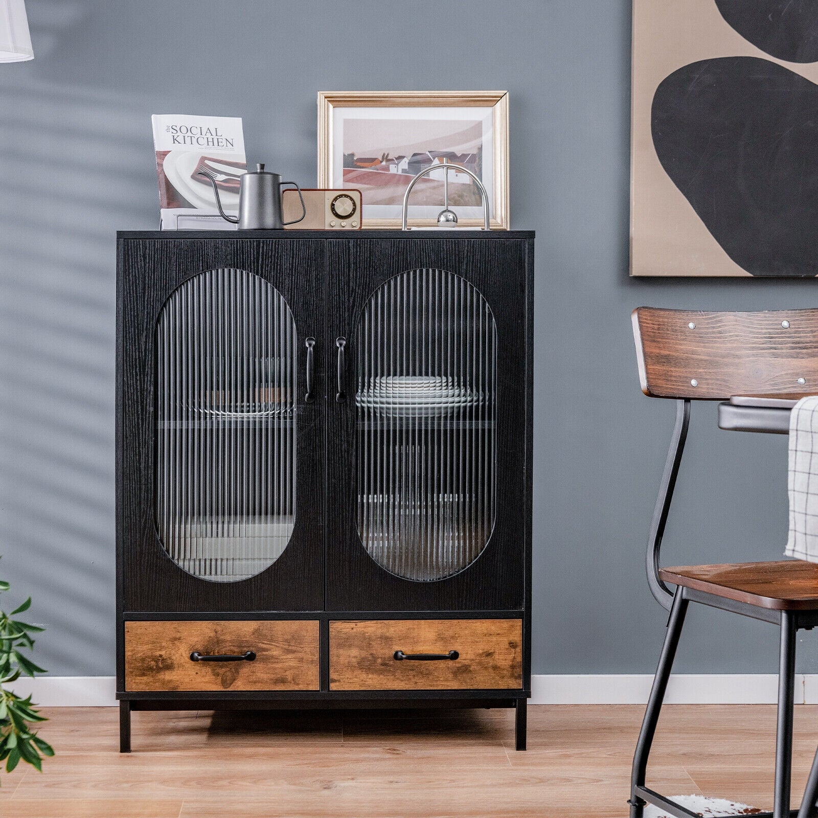 Kitchen Industrial Buffet Sideboard with Tempered Glass Doors, Black Sideboards Cabinets & Buffets at Gallery Canada