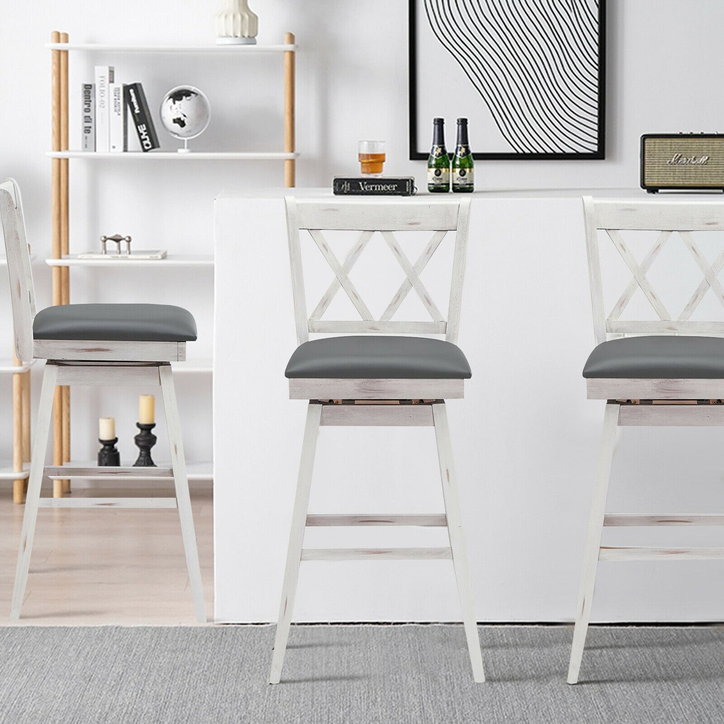 2-Piece 29 Inch Swivel Barstool Set, Rubber Wood Legs, White Bar Stools at Gallery Canada