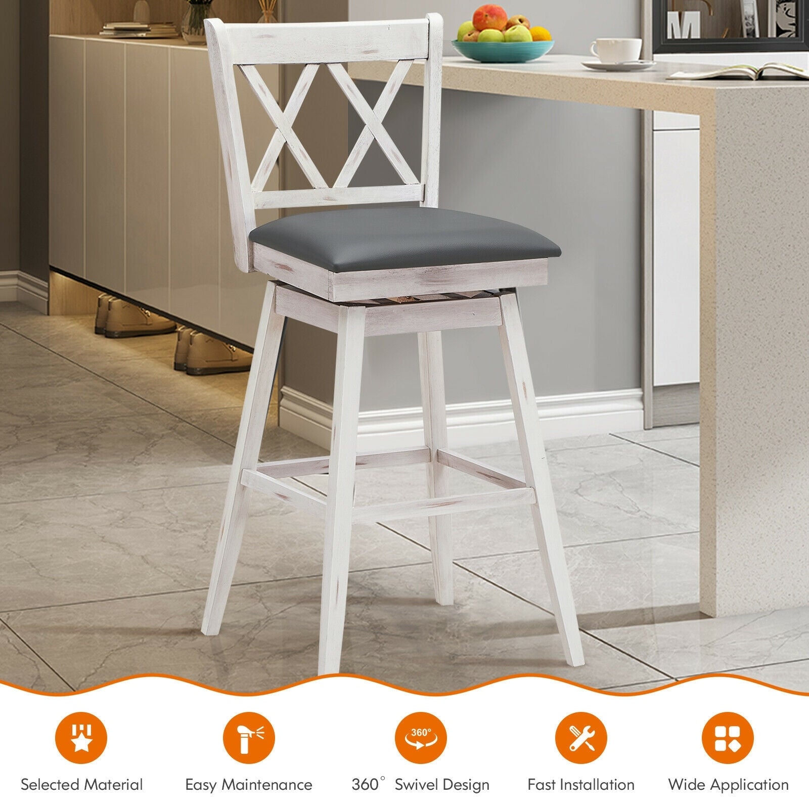 2-Piece 29 Inch Swivel Barstool Set, Rubber Wood Legs, White Bar Stools at Gallery Canada
