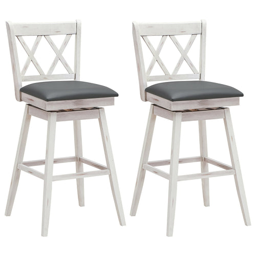 2-Piece 29 Inch Swivel Barstool Set, Rubber Wood Legs, White
