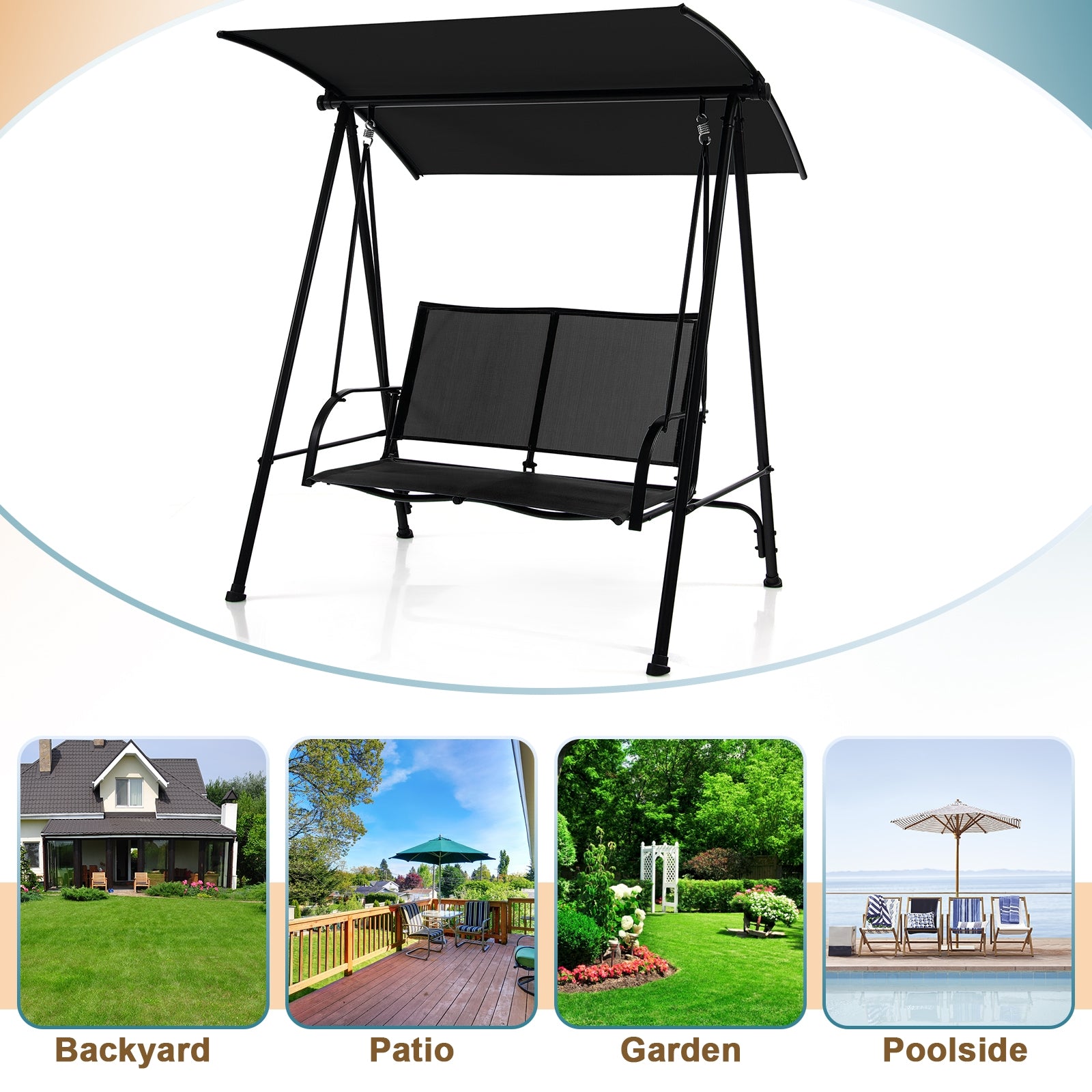2-Seat Outdoor Canopy Swing, Heavy-Duty Metal Frame, Black Porch Swings at Gallery Canada