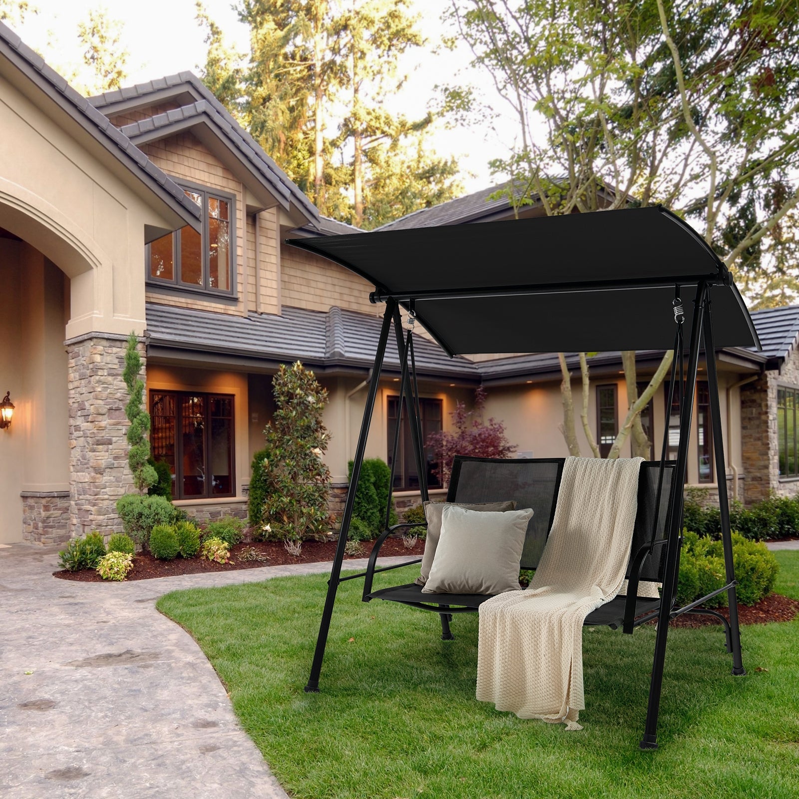 2-Seat Outdoor Canopy Swing, Heavy-Duty Metal Frame, Black Porch Swings at Gallery Canada