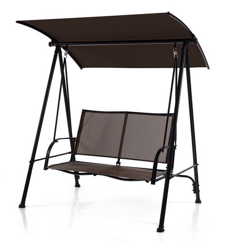 2-Seat Outdoor Canopy Swing, Heavy-Duty Metal Frame, Brown