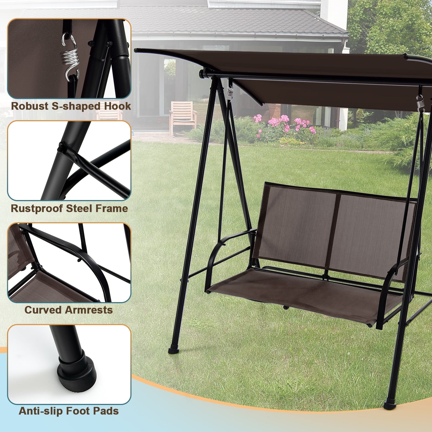 2-Seat Outdoor Canopy Swing, Heavy-Duty Metal Frame, Brown Porch Swings at Gallery Canada