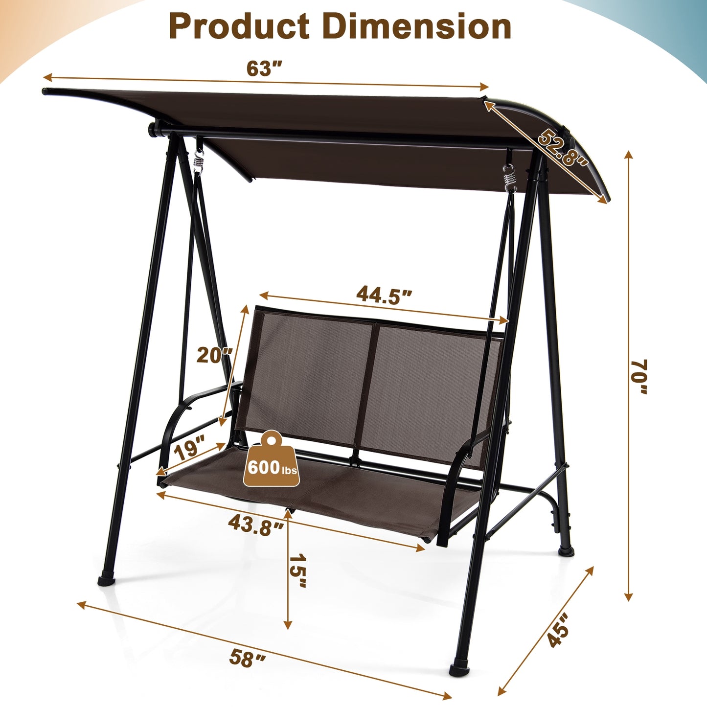 2-Seat Outdoor Canopy Swing, Heavy-Duty Metal Frame, Brown Porch Swings at Gallery Canada
