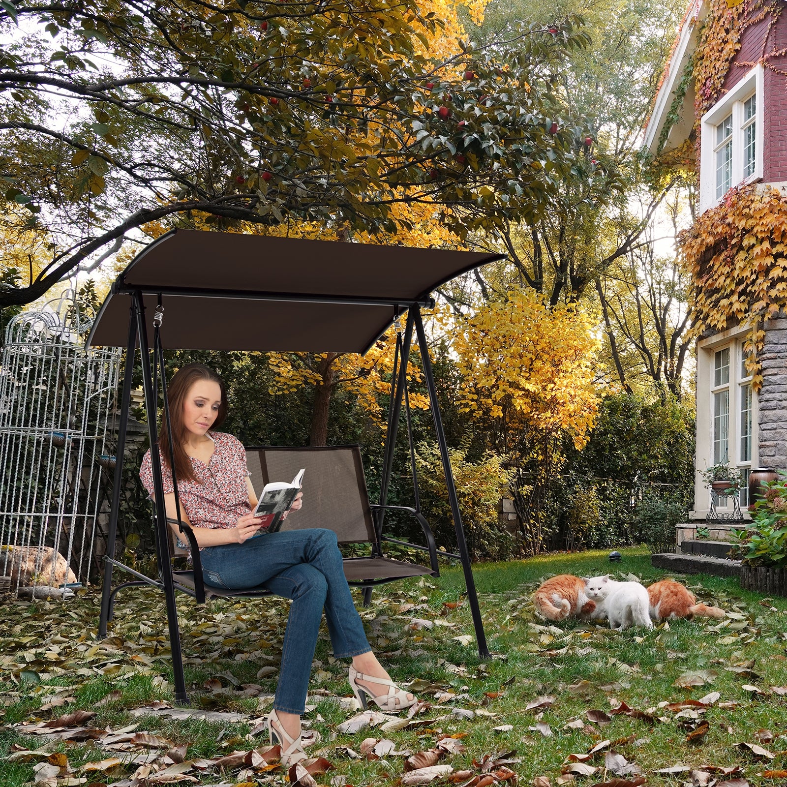 2-Seat Outdoor Canopy Swing, Heavy-Duty Metal Frame, Brown Porch Swings at Gallery Canada