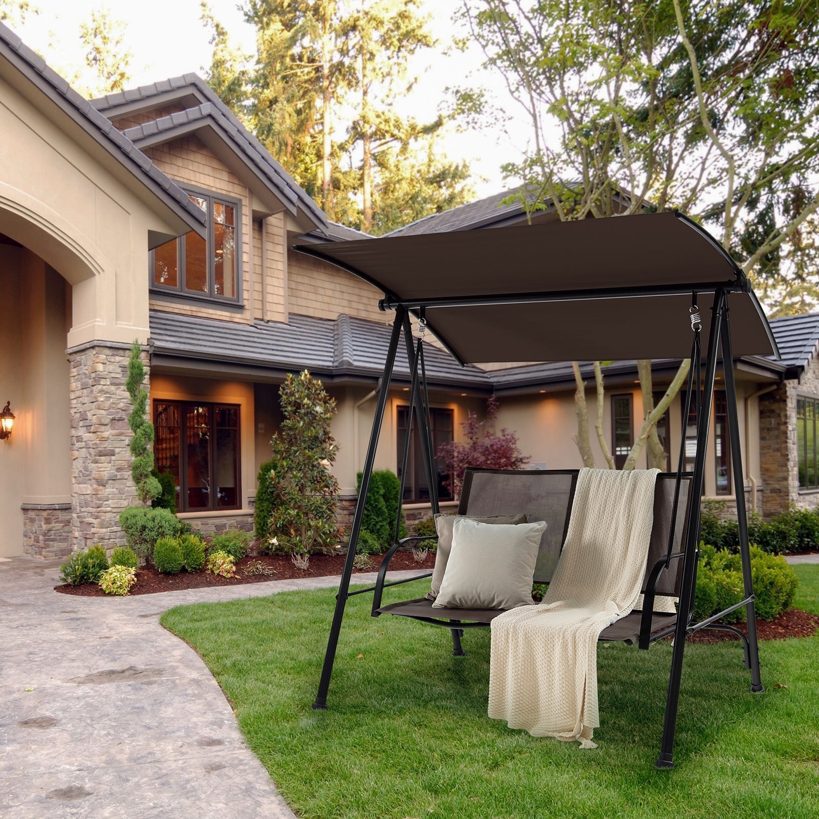 2-Seat Outdoor Canopy Swing, Heavy-Duty Metal Frame, Brown Porch Swings at Gallery Canada