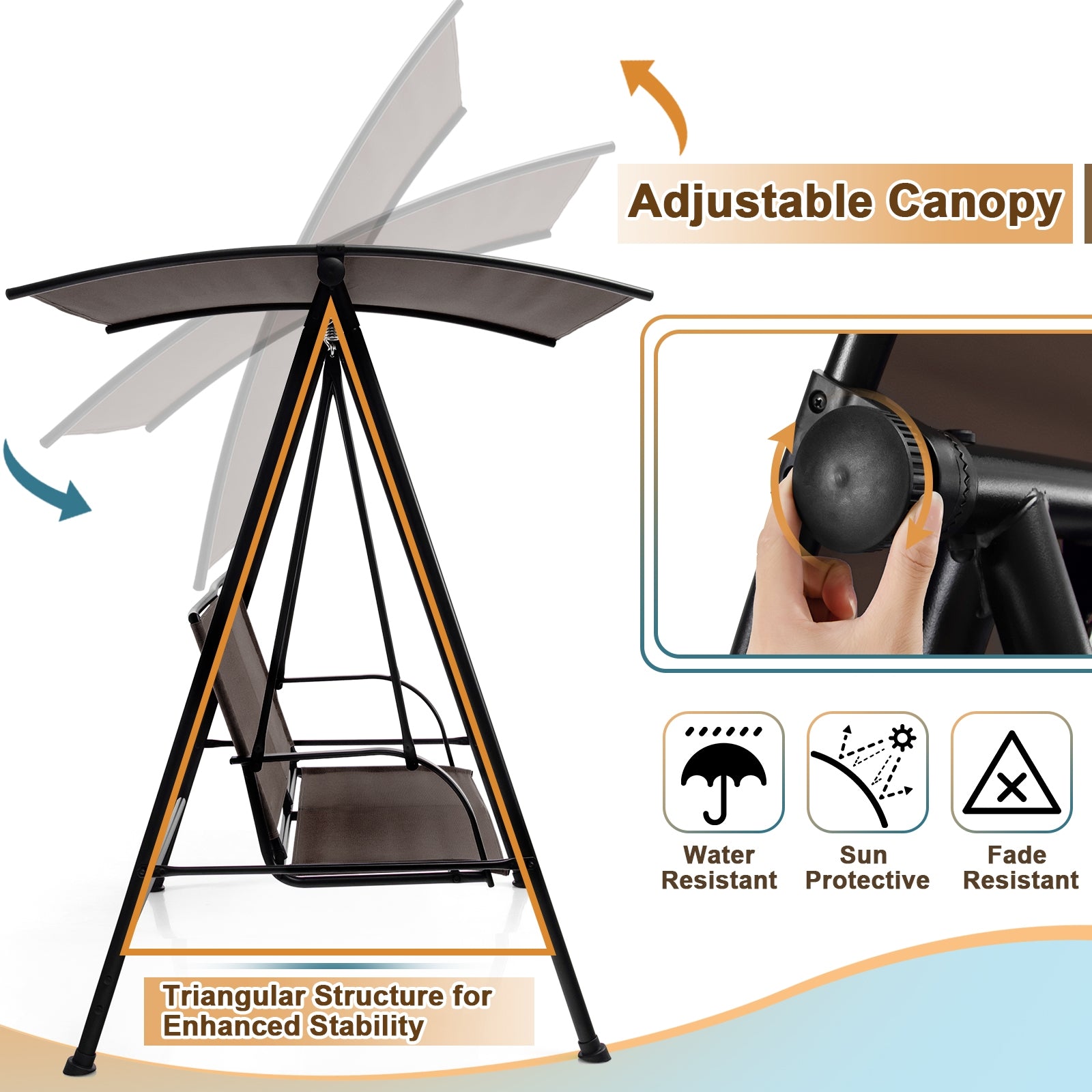 2-Seat Outdoor Canopy Swing, Heavy-Duty Metal Frame, Brown Porch Swings at Gallery Canada