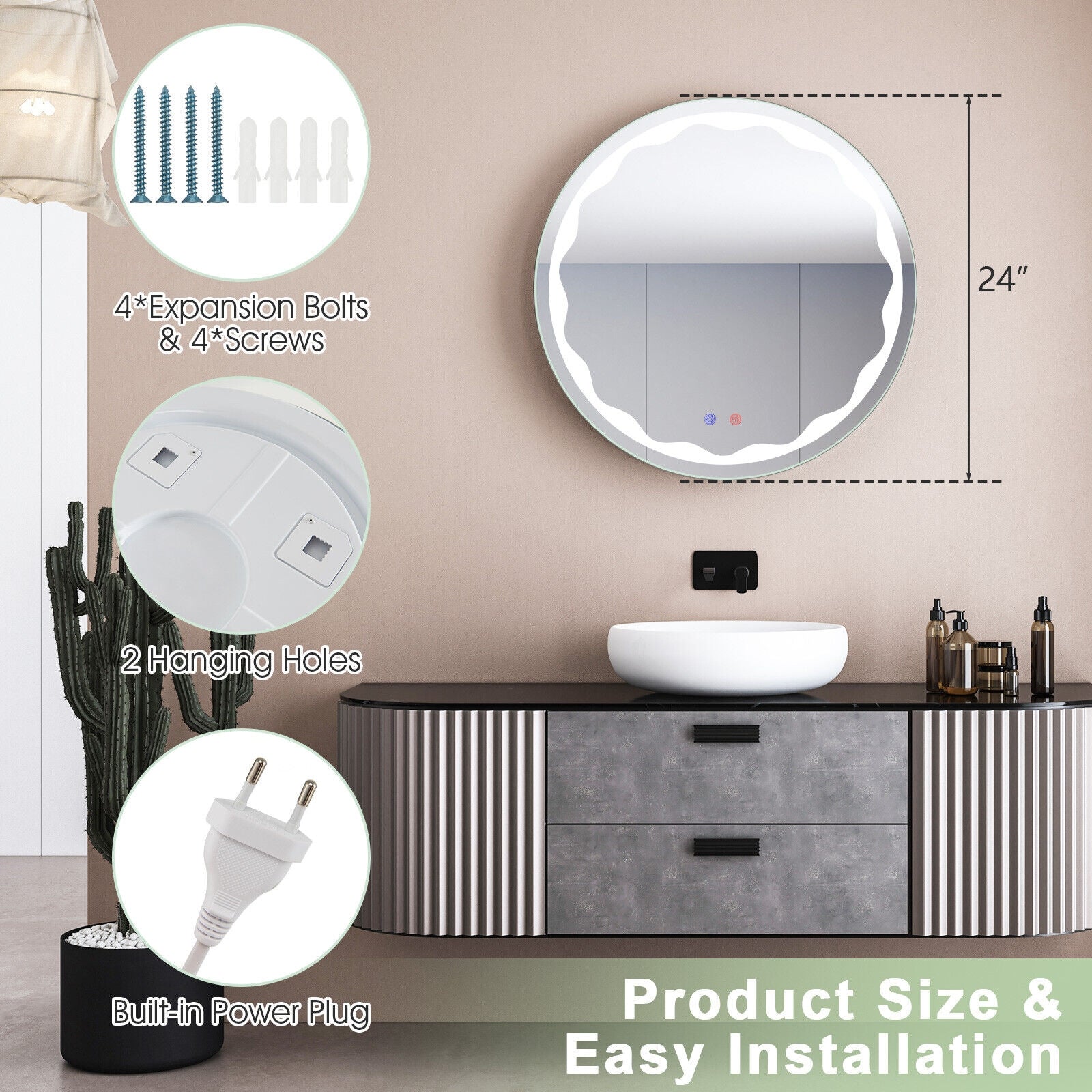 24 Inch Round Wall Mirror, 3-Color LED Lights, Smart Touch Button, Transparent Wall Mirrors at Gallery Canada