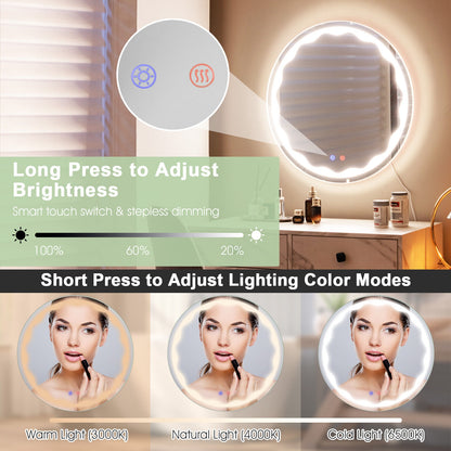 24 Inch Round Wall Mirror, 3-Color LED Lights, Smart Touch Button, Transparent Wall Mirrors at Gallery Canada