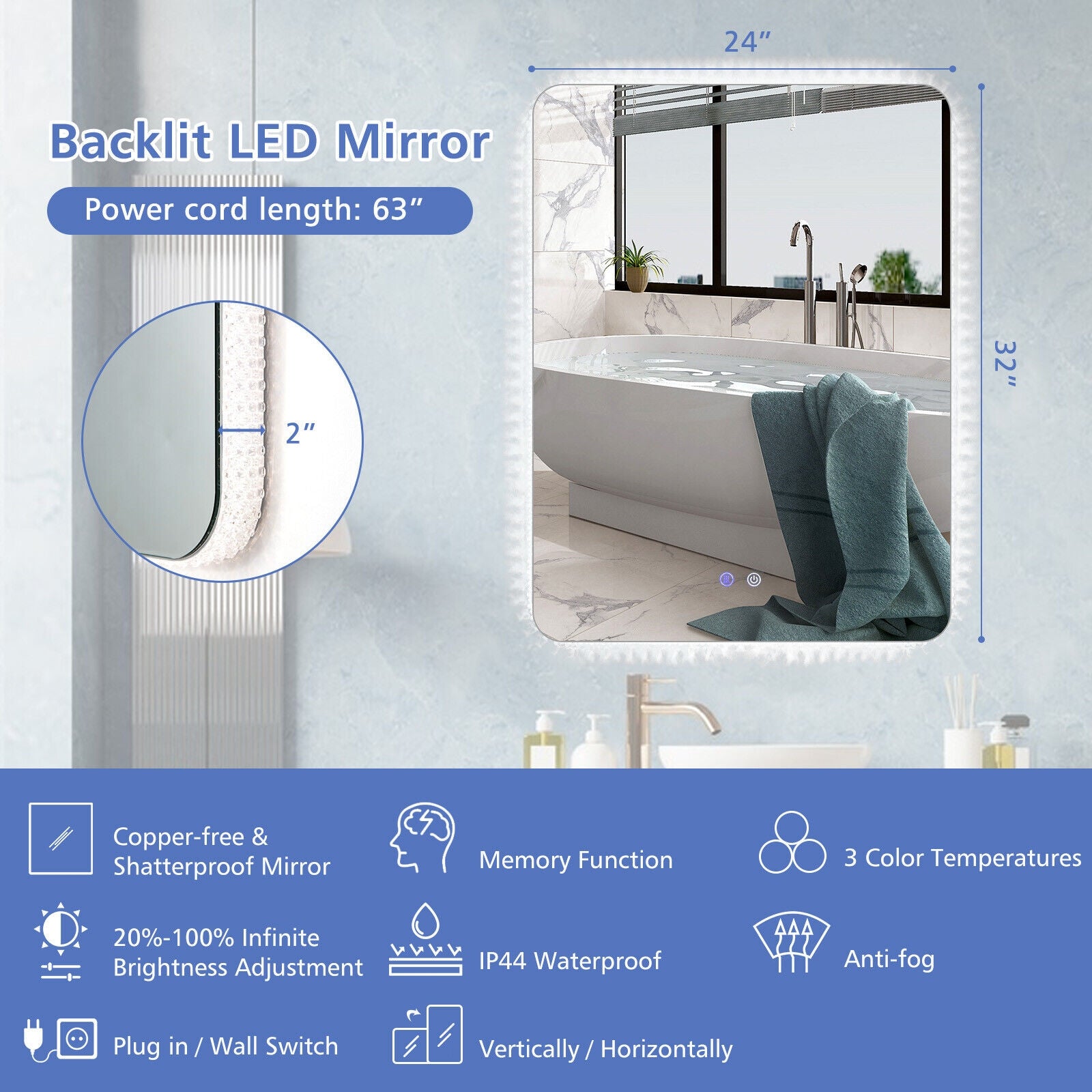 32 x 24 Inch Shatterproof Wall Mirror, 3-Color Lights, Anti-Fog, Transparent Wall Mirrors at Gallery Canada