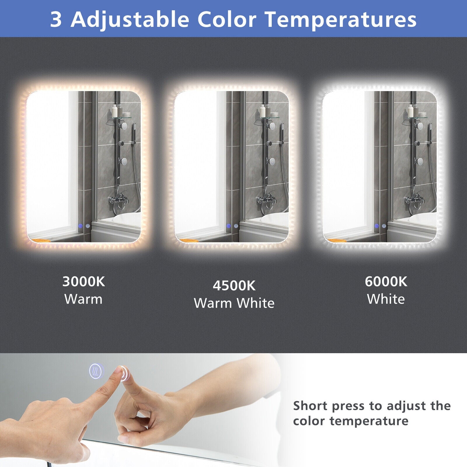 32 x 24 Inch Shatterproof Wall Mirror, 3-Color Lights, Anti-Fog, Transparent Wall Mirrors at Gallery Canada