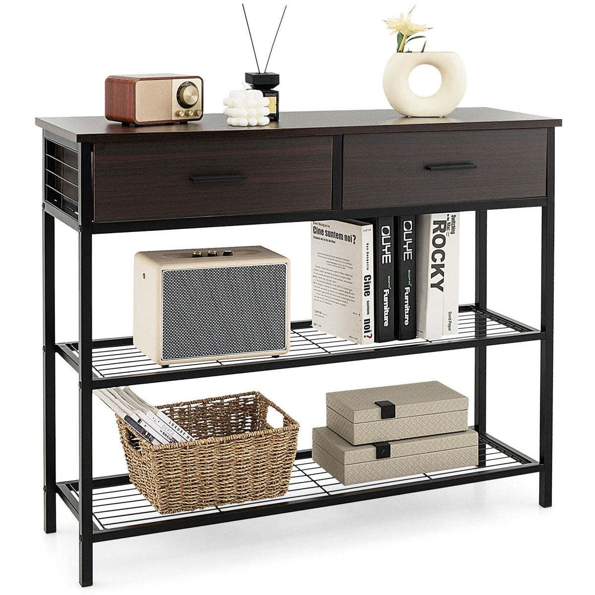 39.5 Inch Entryway Table, 2 Drawers, 2-Tier Shelves, Dark Brown Console Tables at Gallery Canada