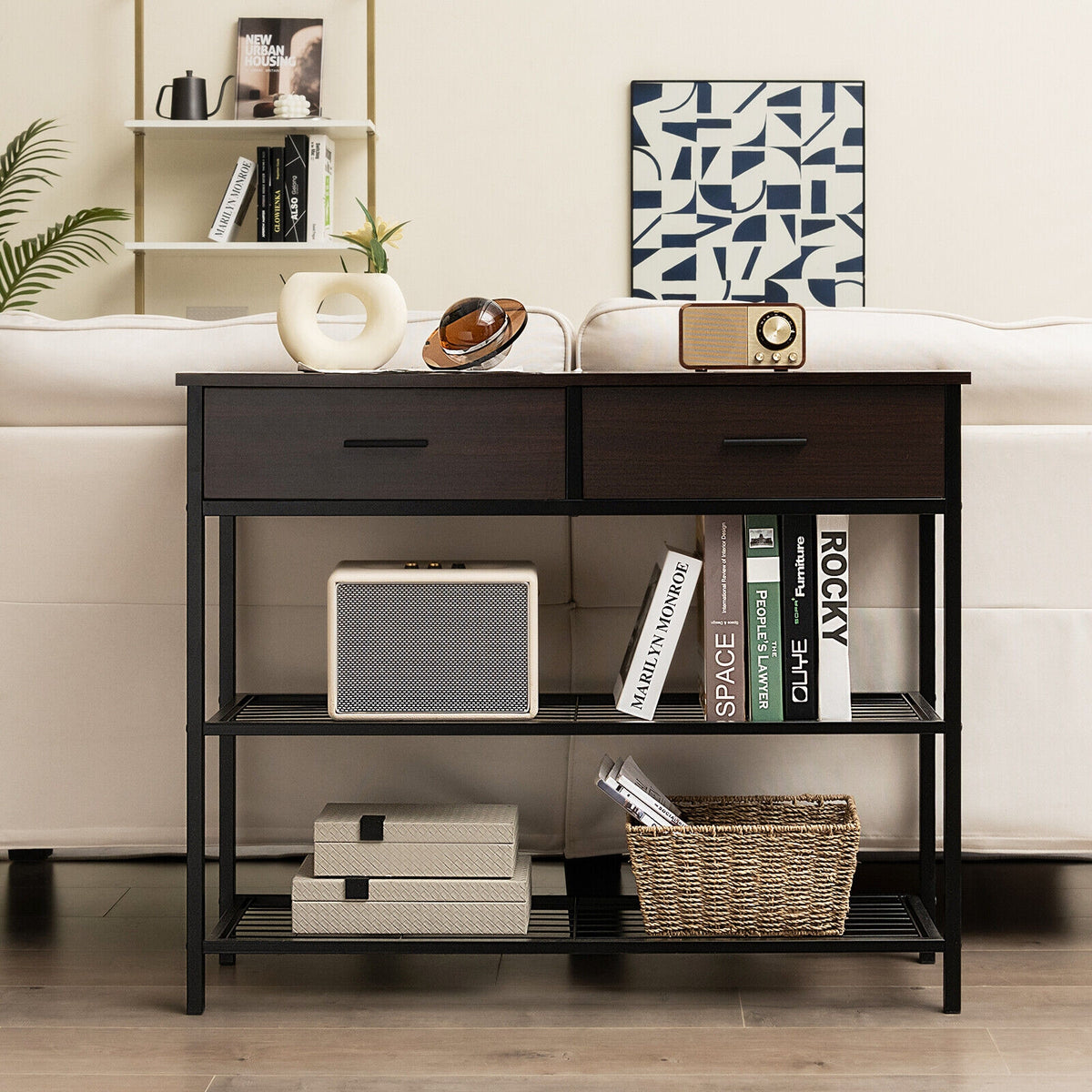39.5 Inch Entryway Table, 2 Drawers, 2-Tier Shelves, Dark Brown Console Tables at Gallery Canada