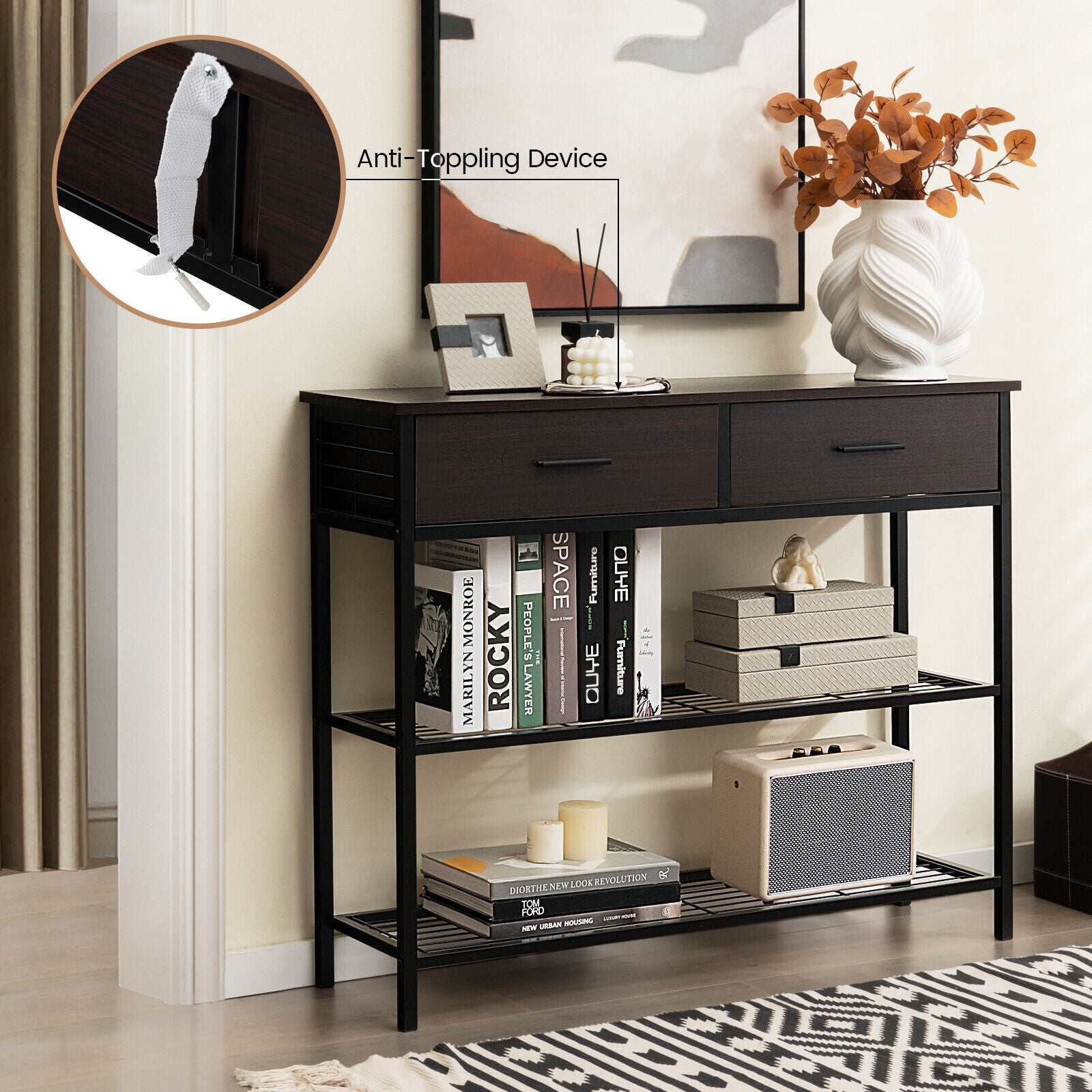 39.5 Inch Entryway Table, 2 Drawers, 2-Tier Shelves, Dark Brown Console Tables at Gallery Canada
