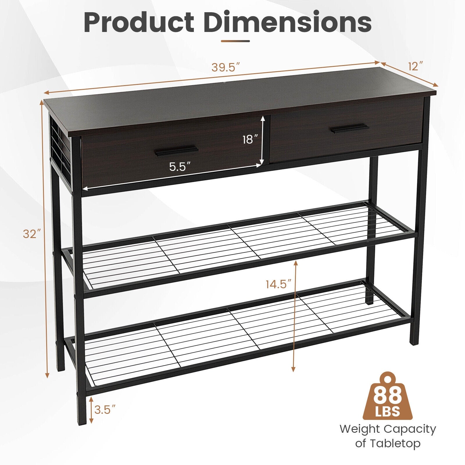 39.5 Inch Entryway Table, 2 Drawers, 2-Tier Shelves, Dark Brown Console Tables at Gallery Canada