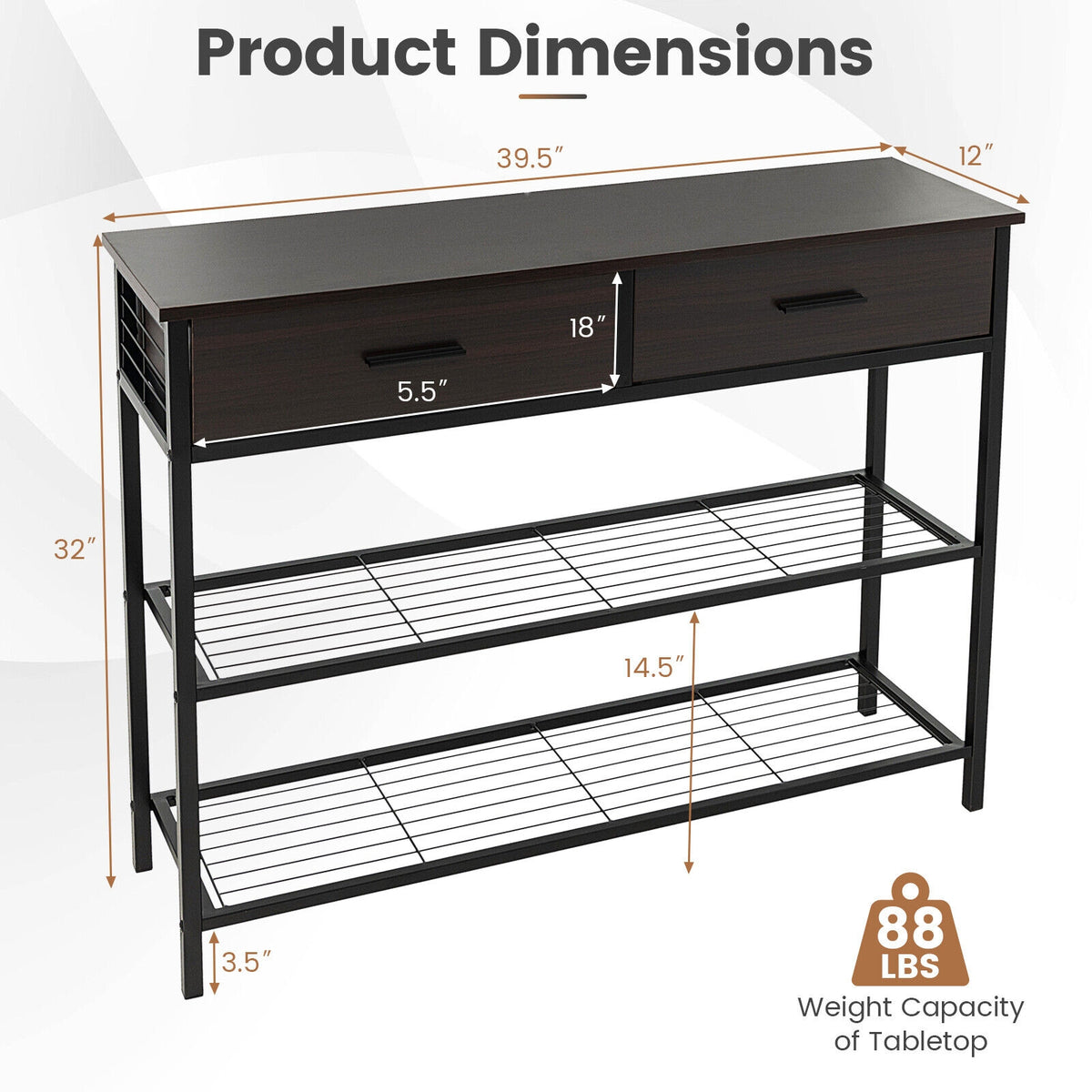 39.5 Inch Entryway Table, 2 Drawers, 2-Tier Shelves, Dark Brown Console Tables at Gallery Canada