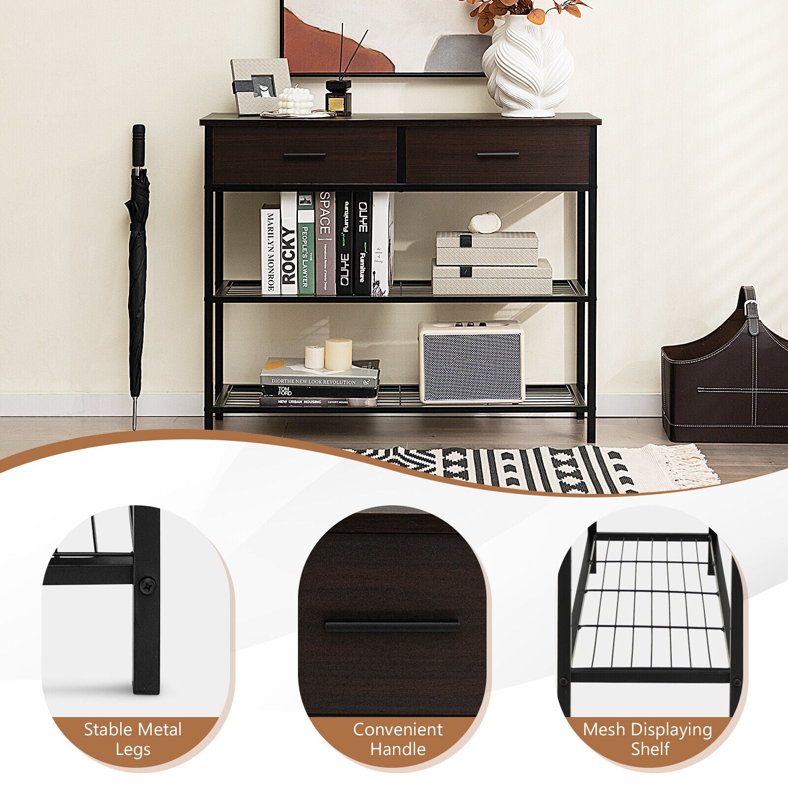 39.5 Inch Entryway Table, 2 Drawers, 2-Tier Shelves, Dark Brown Console Tables at Gallery Canada