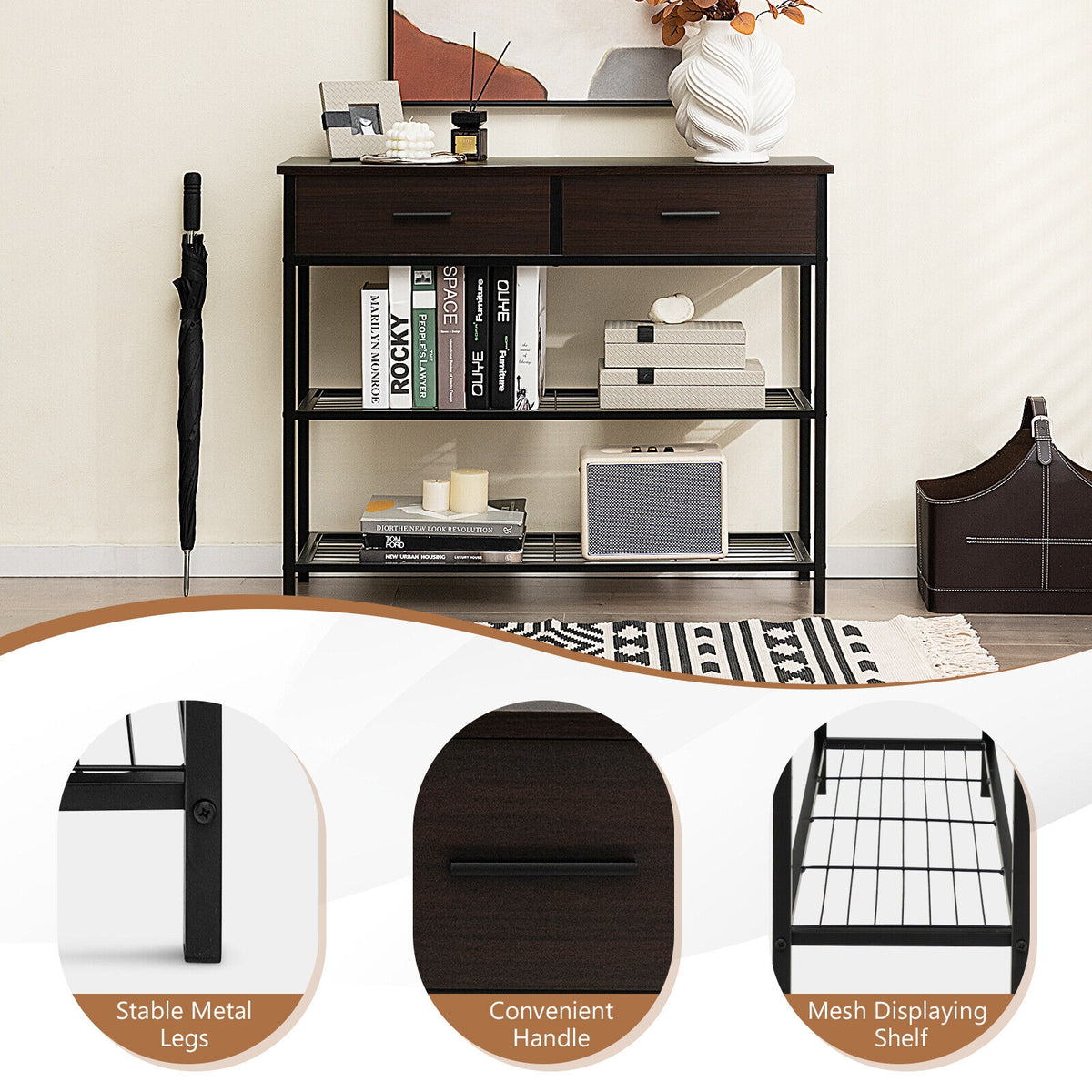 39.5 Inch Entryway Table, 2 Drawers, 2-Tier Shelves, Dark Brown Console Tables at Gallery Canada