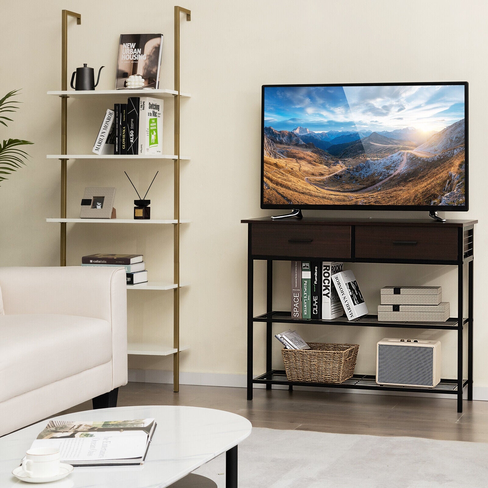 39.5 Inch Entryway Table, 2 Drawers, 2-Tier Shelves, Dark Brown Console Tables at Gallery Canada