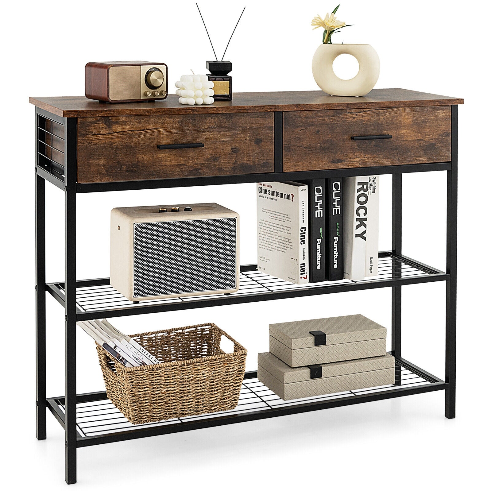39.5 Inch Entryway Table, 2 Drawers, 2-Tier Shelves, Rustic Brown Console Tables at Gallery Canada