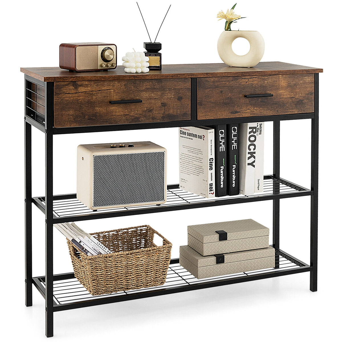 39.5 Inch Entryway Table, 2 Drawers, 2-Tier Shelves, Rustic Brown Console Tables at Gallery Canada