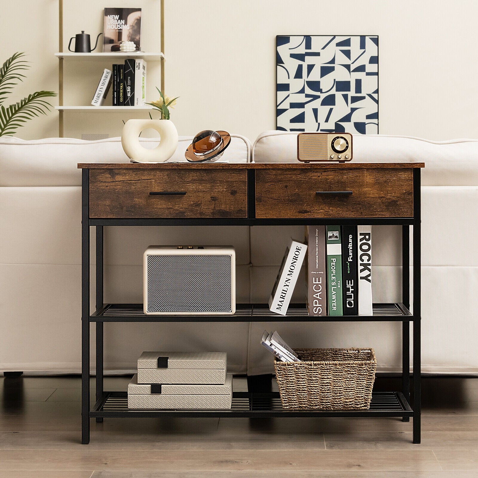 39.5 Inch Entryway Table, 2 Drawers, 2-Tier Shelves, Rustic Brown Console Tables at Gallery Canada