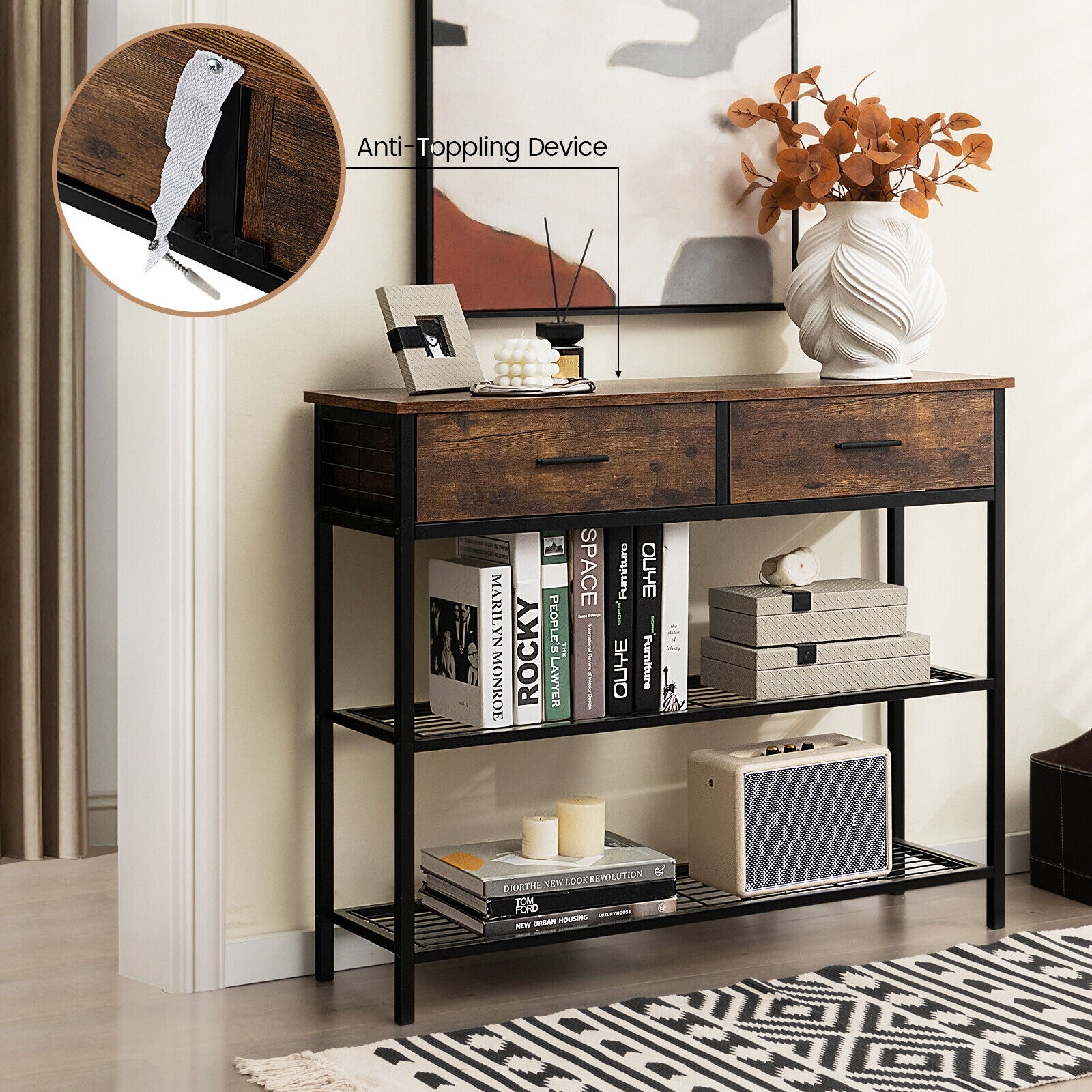 39.5 Inch Entryway Table, 2 Drawers, 2-Tier Shelves, Rustic Brown Console Tables at Gallery Canada