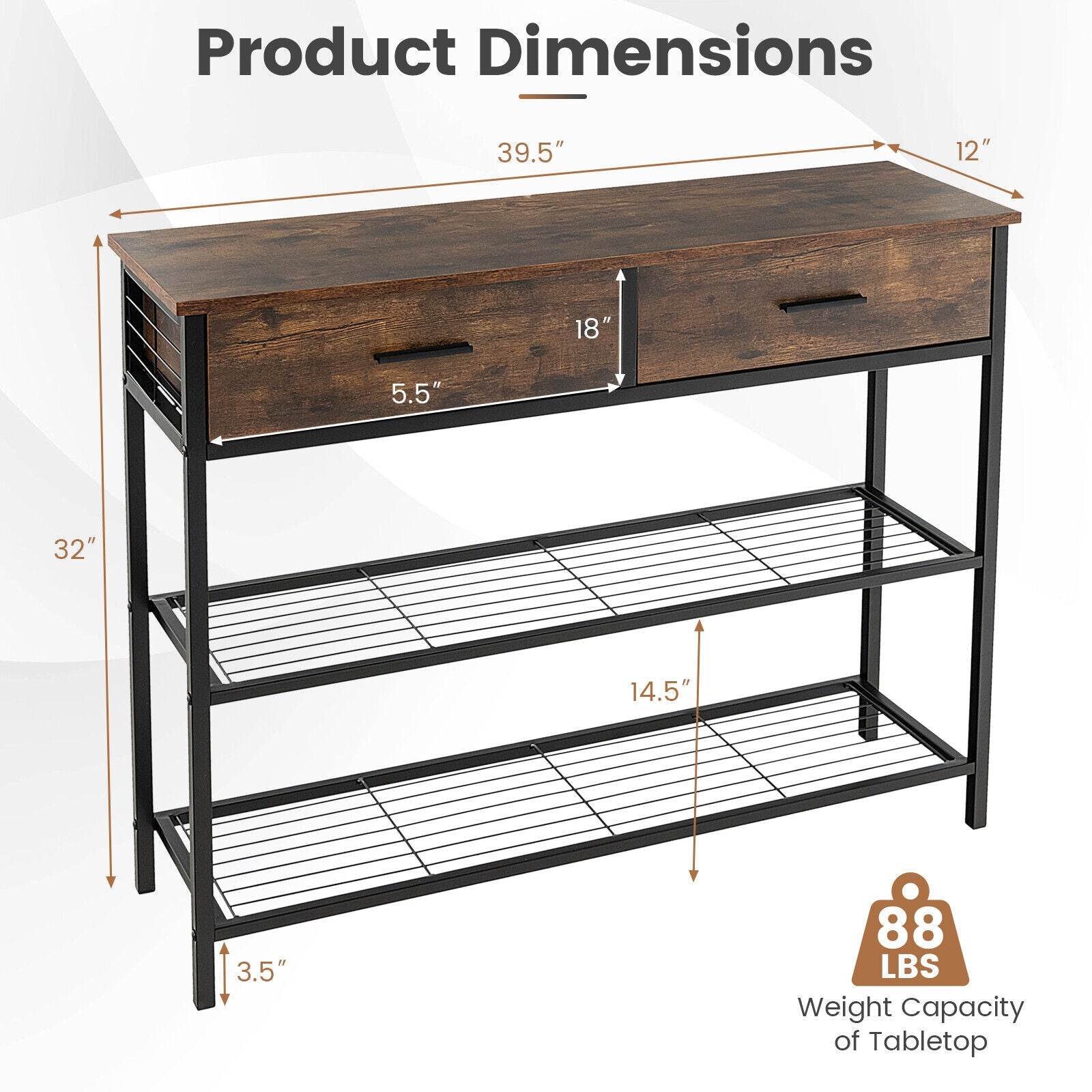 39.5 Inch Entryway Table, 2 Drawers, 2-Tier Shelves, Rustic Brown Console Tables at Gallery Canada