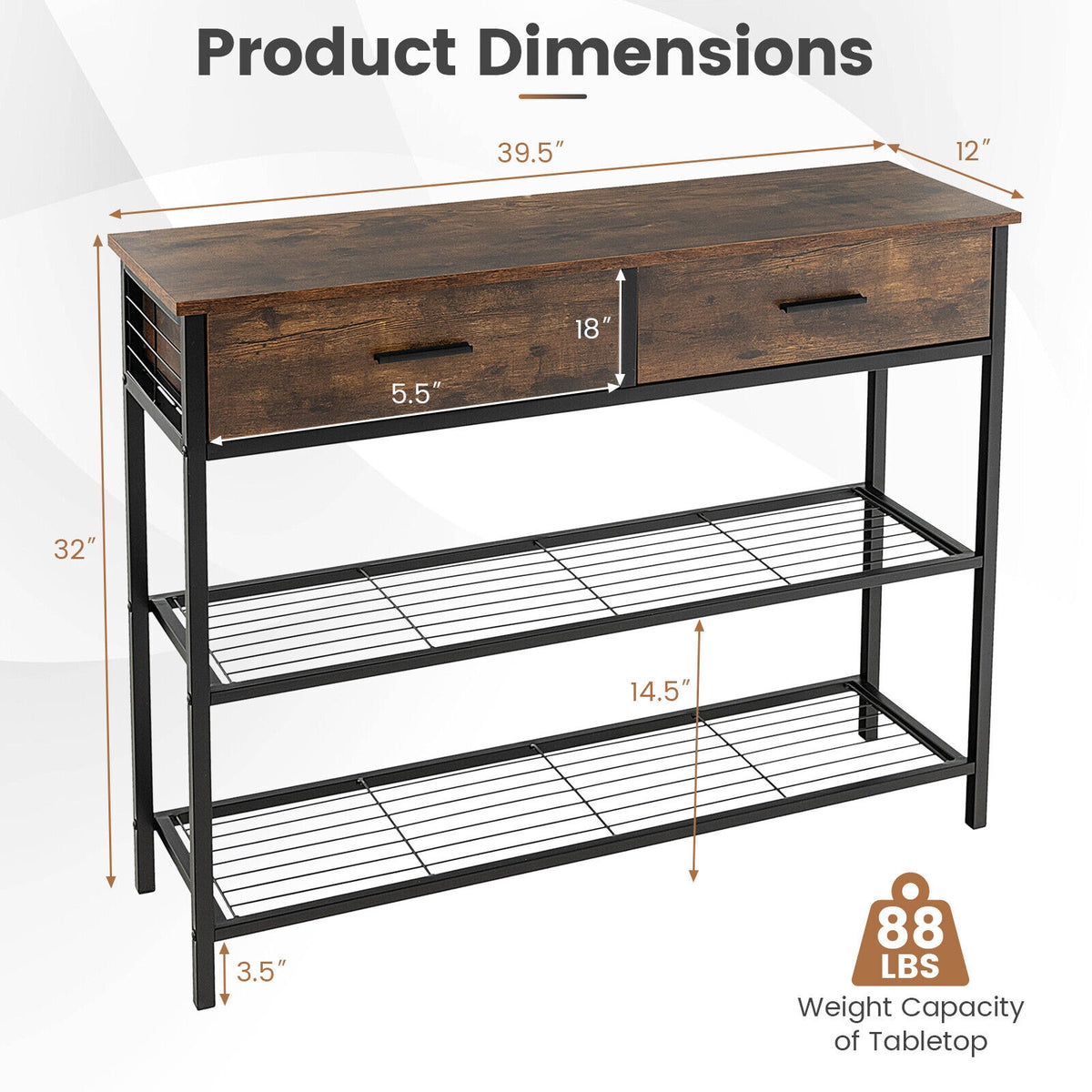 39.5 Inch Entryway Table, 2 Drawers, 2-Tier Shelves, Rustic Brown Console Tables at Gallery Canada