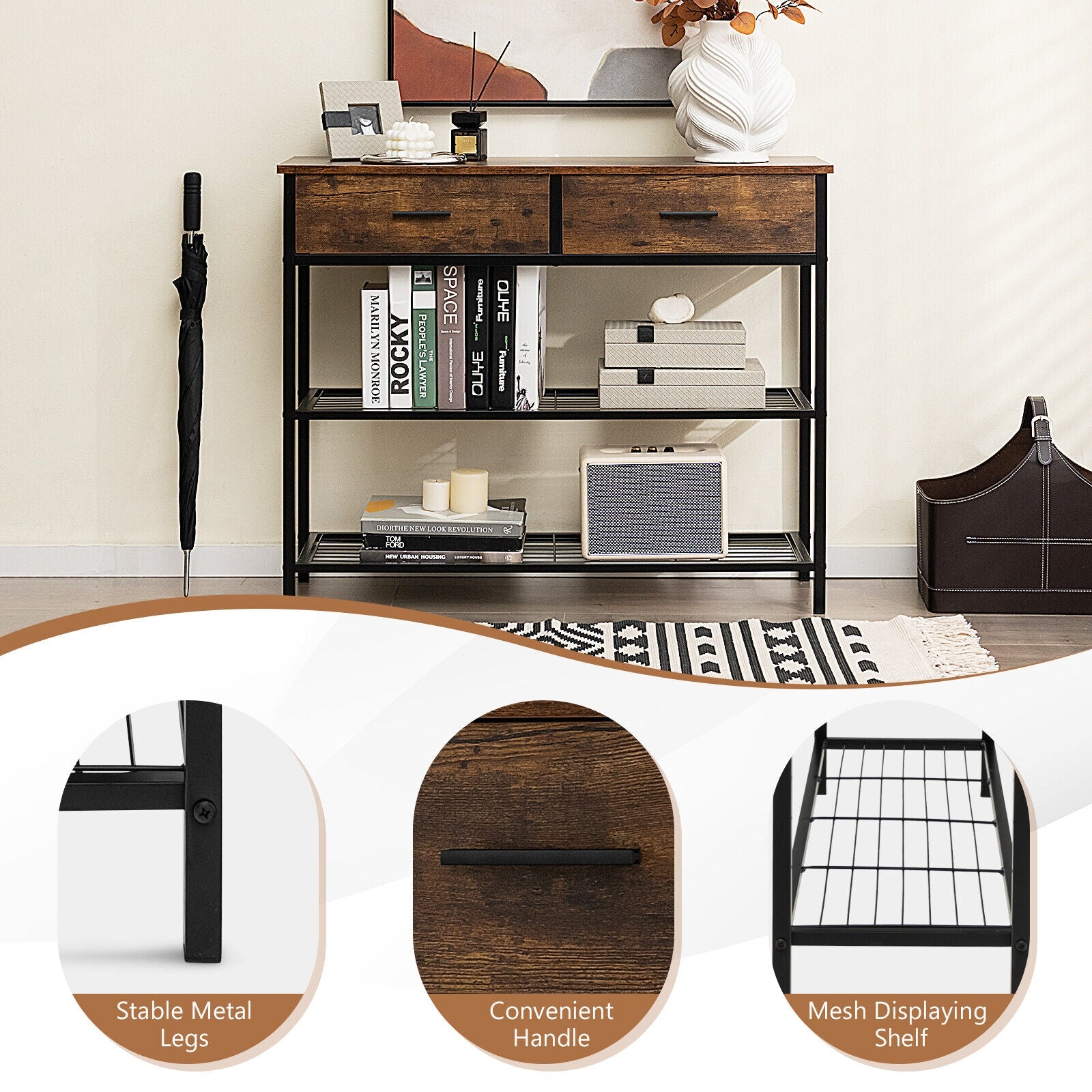 39.5 Inch Entryway Table, 2 Drawers, 2-Tier Shelves, Rustic Brown Console Tables at Gallery Canada