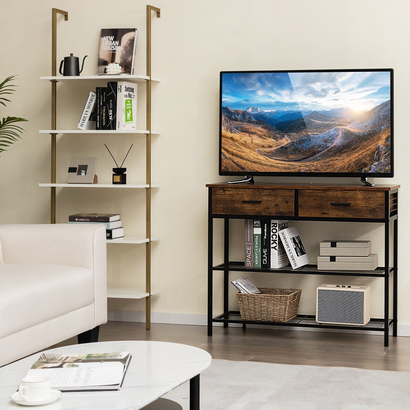 39.5 Inch Entryway Table, 2 Drawers, 2-Tier Shelves, Rustic Brown Console Tables at Gallery Canada