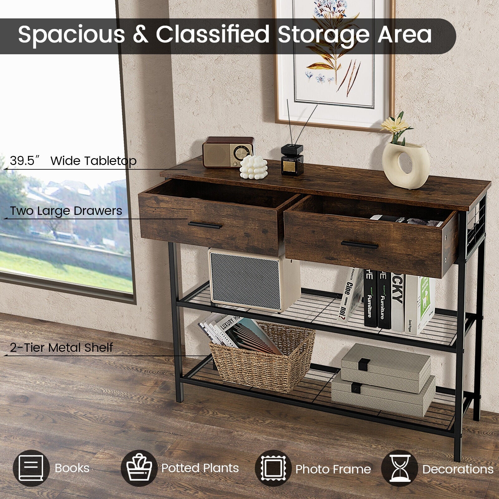 39.5 Inch Entryway Table, 2 Drawers, 2-Tier Shelves, Rustic Brown Console Tables at Gallery Canada