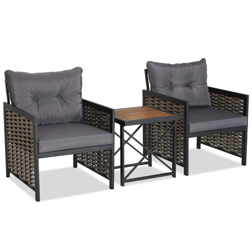 3 Piece Patio Rattan Furniture Set, Acacia Wood Tabletop, Gray